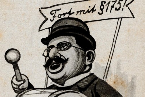 Karikatur von Dr. Magnus Hirschfeld, der sich bereits in der Kaiserzeit für dieAbschaffung von §175 einsetzte und von den Nazis verfolgt wurde © by janwillemsen is licensed under CC BY-NC-SA 2.0. To view a copy of this license, visit https://creativecommons.org/licenses/by-nc-sa/2.0/?ref=openverse. 