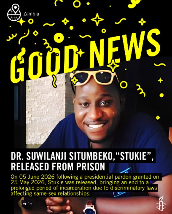 Dr. Suwilanji Situmbeko, allgemein bekannt als Stukie, ist frei! © Amnesty International