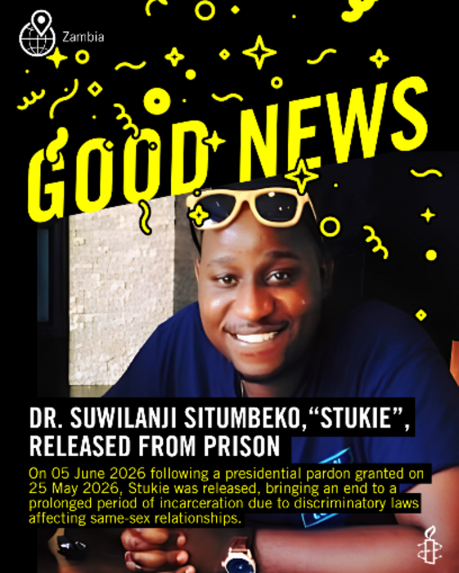 Dr. Suwilanji Situmbeko, allgemein bekannt als Stukie, ist frei! © Amnesty International